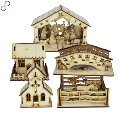 Cinco accesorios de madera con diversos estilos, hay un pesebre, un puente, una casa, una iglesia y un corral.