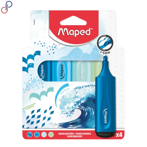 4 resaltadores Maped con tonos azules y una punta de 1-5 mm mostrados en un empaque con una ola estilizada.