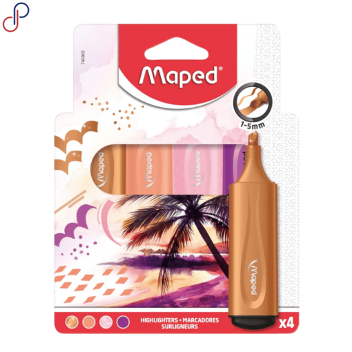 4 resaltadores Maped con tonos naranjas y morados y una punta de 1-5 mm mostrados en un empaque con una playa estilizada.