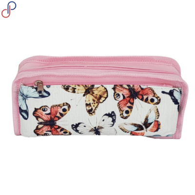 Cartuchera de 2 bolsillos de color rosa con un diseño de mariposas