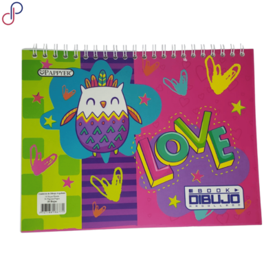 Cuaderno de dibujo argollado con un diseño de un pajaro y alado la palabra "LOVE2