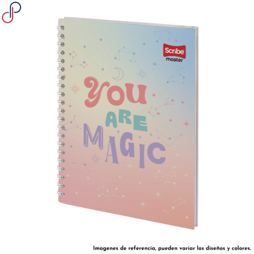Cuaderno Master argollado con motivo femenino de un tono claro y en medio la frase "you re magic"