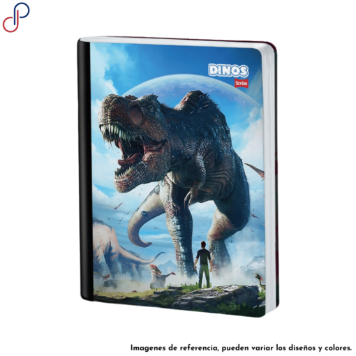 Cuaderno Master donde se muestra un dinosauro gigante frente a una persona.