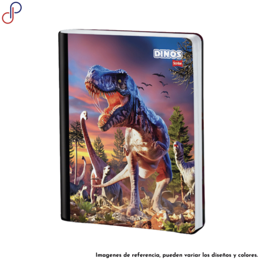 Cuaderno Master donde se muestra un tiranosaurio rex junto a otros dinosaurios.
