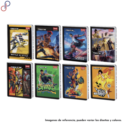 Ocho cuadernos cosidos Master con portadas coloridas e ilustraciones vibrantes de los personajes del videojuego "Free Fire"