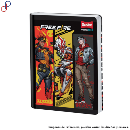 Cuaderno Master donde se muestra tres personajes del videojuego Free Fire.