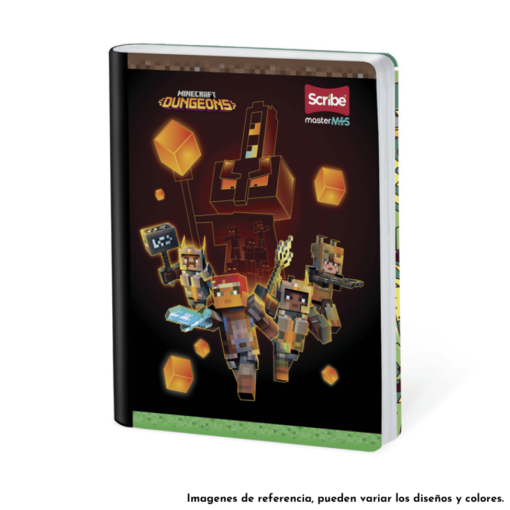 Cuaderno Master donde se muestra a personajes de Minecraft Dungeons.