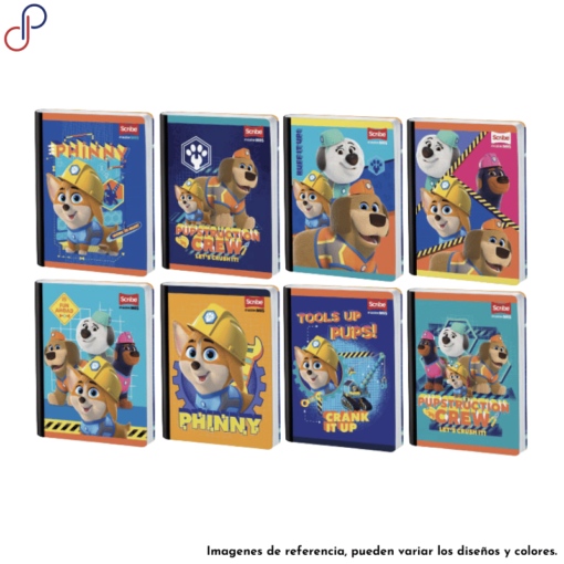 Ocho cuadernos cosidos Master con portadas coloridas e ilustraciones vibrantes de los personajes animados de "Pupstruction"