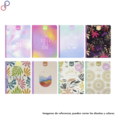 Ocho cuadernos Norma de la marca propia Kiut con motivos y diseños de diversos colores y frases motivadoras.