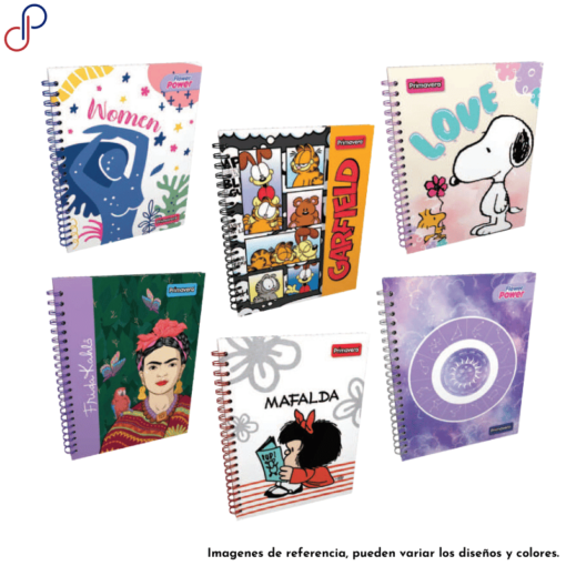 Seis cuadernos Primavera argollados con diversos motivos para mujer como de Mafalda, Garfield y formas.