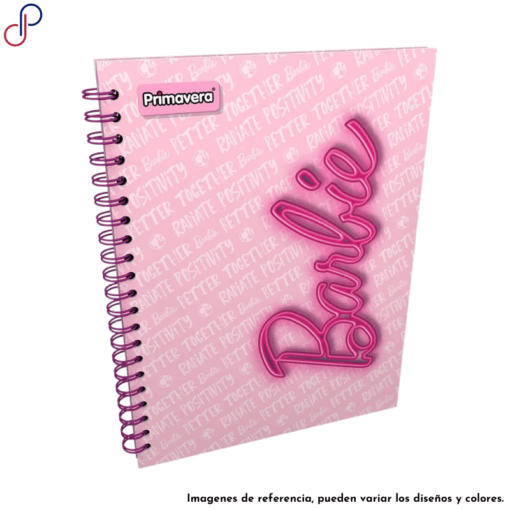 Cuaderno Primavera argollado con la palabra "Barbie" y un color rosado