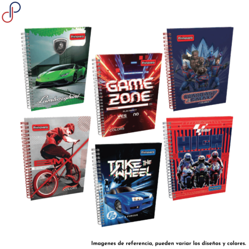 Seis cuadernos Primavera argollados con diversos motivos para hombre como de Vehículos y Superhéroes.