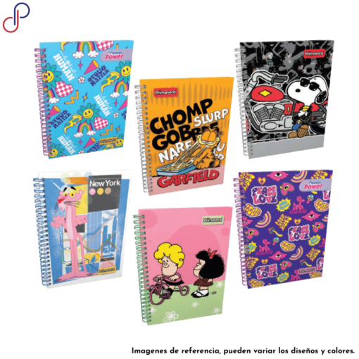 Seis cuadernos Primavera argollados con diversos motivos para mujer como de Garfield, Snoopy y Mafalda.