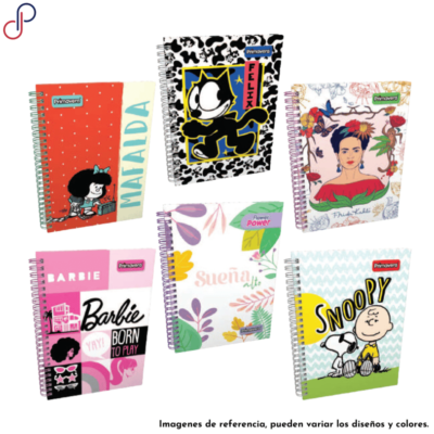 Seis cuadernos Primavera argollados con diversos motivos para mujer como de el gato Félix, Snoopy y Mafalda.