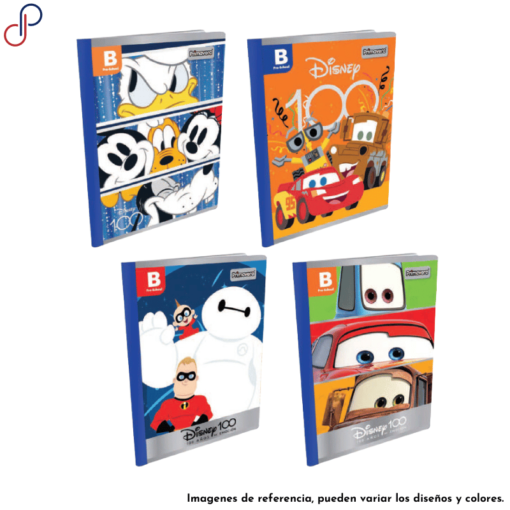 Cuatro cuadernos Primavera de Disney tipo B cuadritos con motivos como Cars, Mickey Mouse y Increíbles.