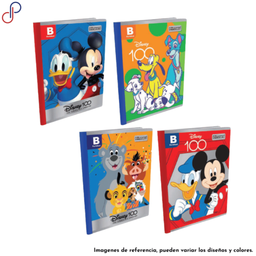 Cuatro cuadernos Primavera de Disney tipo B cuadritos con motivos como Mickey Mouse y Rey León.