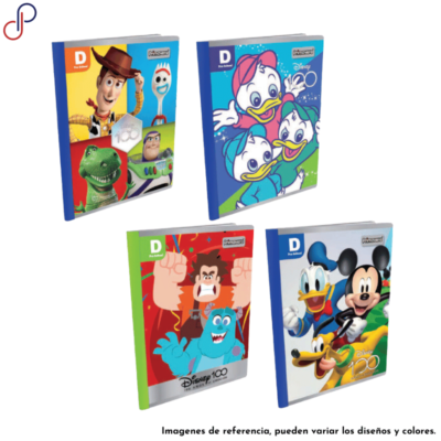 Cuatro cuadernos Primavera de Disney tipo D ferrocarril con motivos como Mickey Mouse, Toy Story, Monster Inc.
