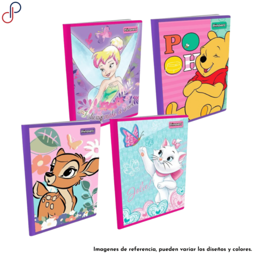 Cuatro cuadernos Primavera de Disney para niña con diversos motivos como Campanita, Bambi, Winny Poo y Marie.