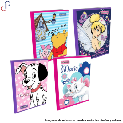 Cuatro cuadernos Primavera de Disney para niña con diversos motivos como Campanita, Dálmata, Winny Poo y Marie.