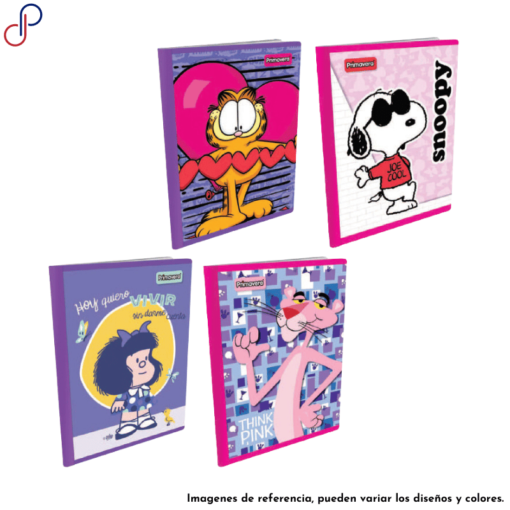 Cuatro cuadernos Primavera para niña con diversos motivos como de Mafalda, Pantera rosa, Garfield y Snoopy.