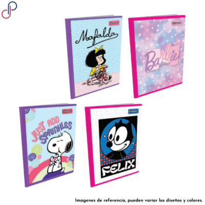 Cuatro cuadernos Primavera para niña con diversos motivos como de Barbie, Mafalda, Snoopy y el gato Félix.