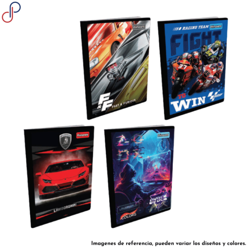 Cuatro cuadernos Primavera para niño con diversos motivos como de Carros, Motos y Videojuegos.