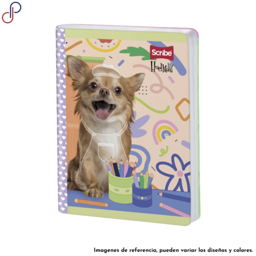 Cuaderno Scribe de la marca propia Huellitas, con un diseño de un perro junto a unos colores.