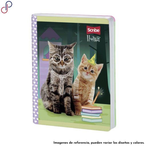 Cuaderno Scribe de la marca propia Huellitas, con un diseño de dos gatos con corbata y libros alado.