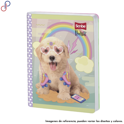 Cuaderno Scribe de la marca propia Huellitas, con un diseño de un perro con gafas de sol y unos patines colgados.