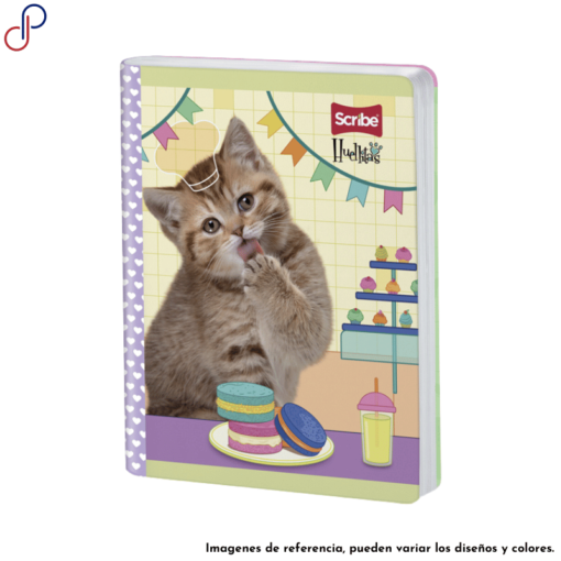 Cuaderno Scribe de la marca propia Huellitas, con un diseño de un gato comiendo galletas.