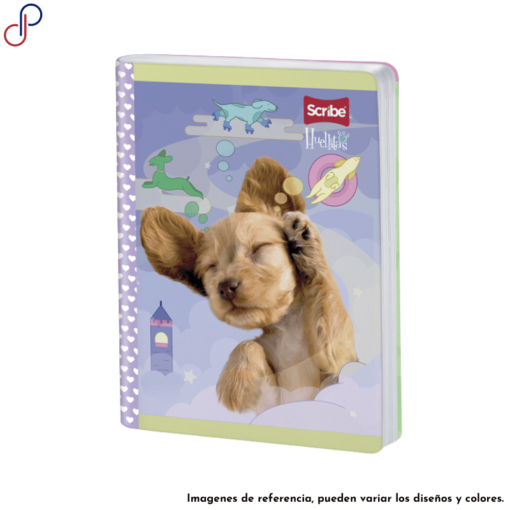 Cuaderno Scribe de la marca propia Huellitas, con un diseño de un perrito pensando en otros perros.