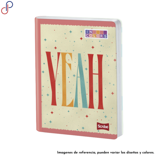 Cuaderno Scribe de la marca propia Incolors, con un diseño de color beich y la palabra "yeah" escrita en diversos colores.