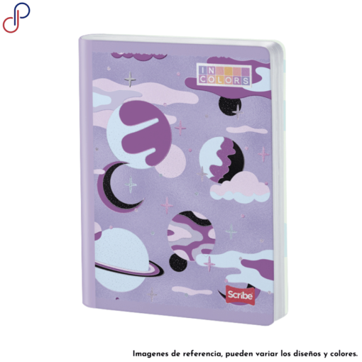 Cuaderno Scribe de la marca propia Incolors, con un diseño de color morado y diversos planetas.