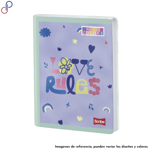Cuaderno Scribe de la marca propia Incolors, con un diseño de color morado y la frase "love rules".