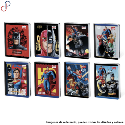 Ocho cuadernos cosidos Scribe con portadas coloridas e ilustraciones vibrantes de los personajes animados de "Justice League"