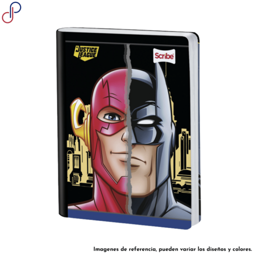 Cuaderno Scribe de Justice League, donde se ve la mitad de cara de Flash y la mitad de cara de Batman.