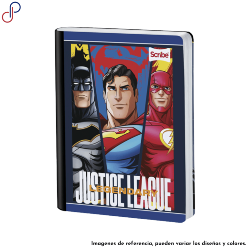 Cuaderno Scribe de Justice League, donde se ve a Superman, Batman y Flash posando.
