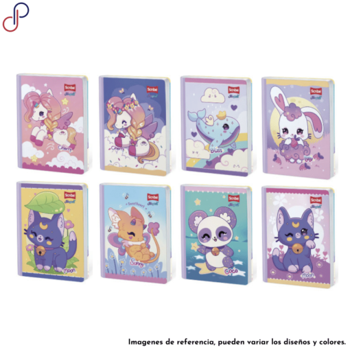 Ocho cuadernos cosidos Scribe con portadas coloridas e ilustraciones de personajes animados de la marca "Magical"