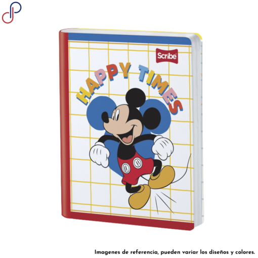 Cuaderno Scribe donde se ve a Mickey Mouse saltando junto a la frase "happy times".