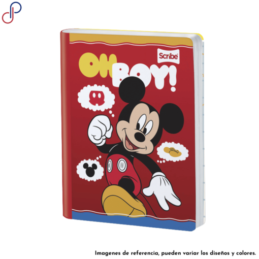 Cuaderno Scribe donde se ve a Mickey Mouse y nubes donde están sus prendas características.