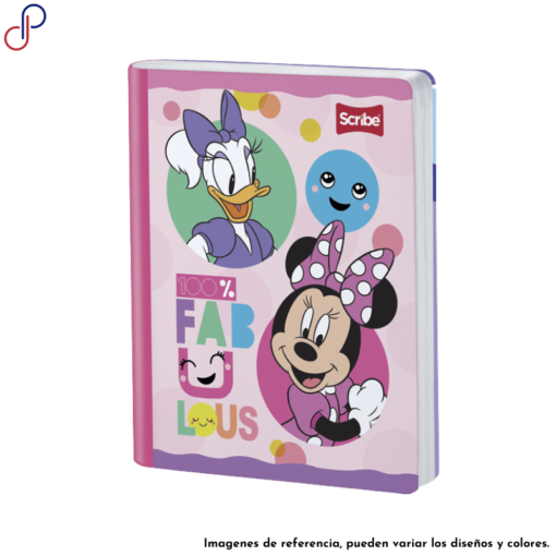 Cuaderno Scribe donde se ve a Minnie Mouse junto a la Pata Daisy encerradas en circulos de colores.