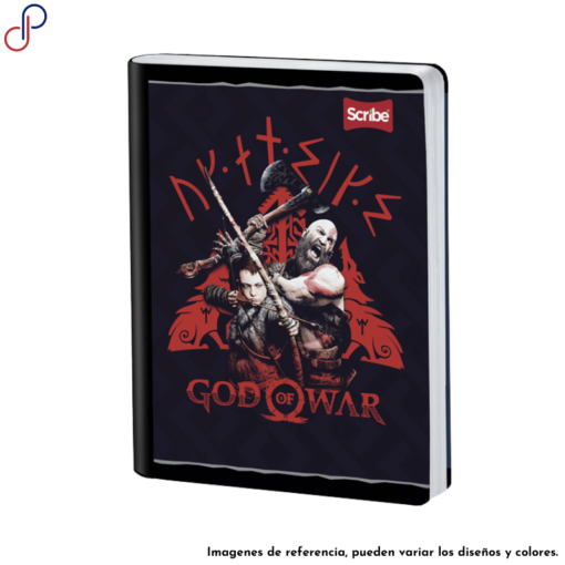 Cuaderno Scribe donde del videojuego de PlayStation: God of War, donde se ve a Kratos y su hijo en posicion de lucha.