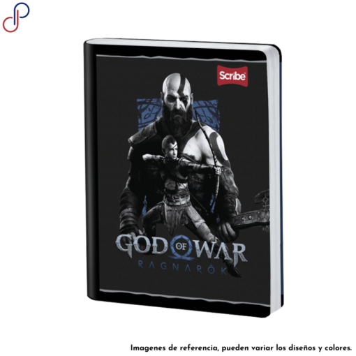 Cuaderno Scribe donde del videojuego de PlayStation: God of War, donde se ve a Kratos y su hijo.