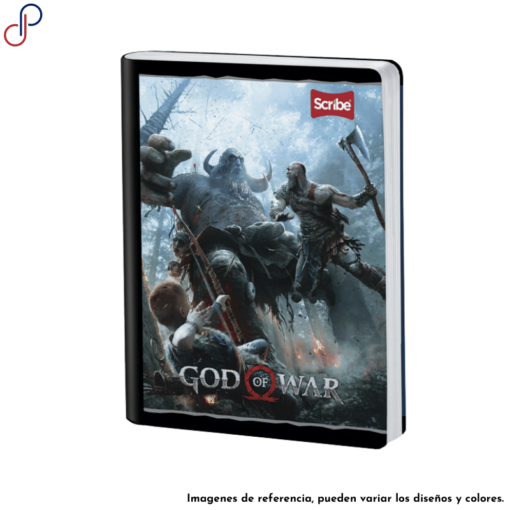 Cuaderno Scribe donde del videojuego de PlayStation: God of War, donde se ve a Kratos y su hijo luchando contra un enemigo.