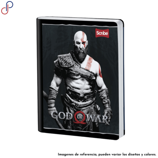 Cuaderno Scribe donde del videojuego de PlayStation: God of War, donde se ve a Kratos mirando hacia el frente.