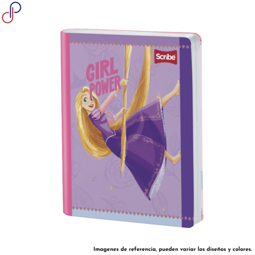 Cuaderno Scribe donde se ve a la princesa de Disney: Rapunzel, donde esta colgada de su propio cabello.
