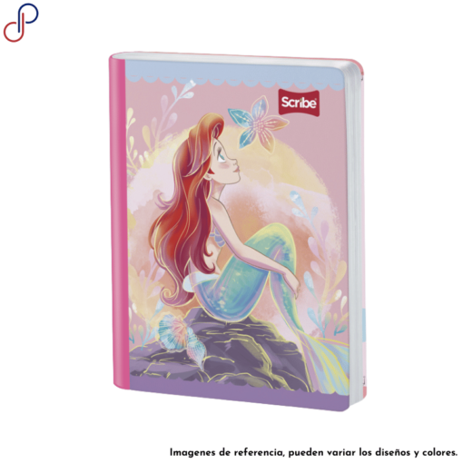 Cuaderno Scribe donde se ve a la princesa de Disney: Ariel, sentada en una roca y mirando hacia arriba.