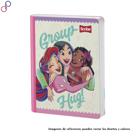 Cuaderno Scribe donde se ve 3 princesas de Disney abrazadas: Mulan, Ariel y Jasmine.
