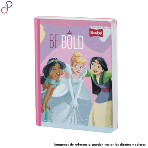 Cuaderno Scribe donde se ve 3 princesas de Disney inclinadas: Mulan, Cenicienta y Jasmine.