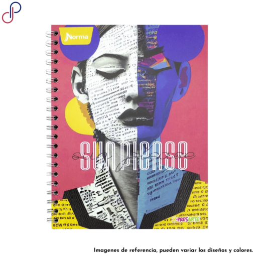 Cuaderno X-Presarte argollado con un motivo femenino de una chica en un arte abstracto y la frase "Sun Please".